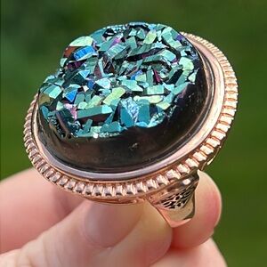 Barrera Bijoux BBJ Round Rainbow Titanium Aura Druzy Geode Copper Cocktail Ring